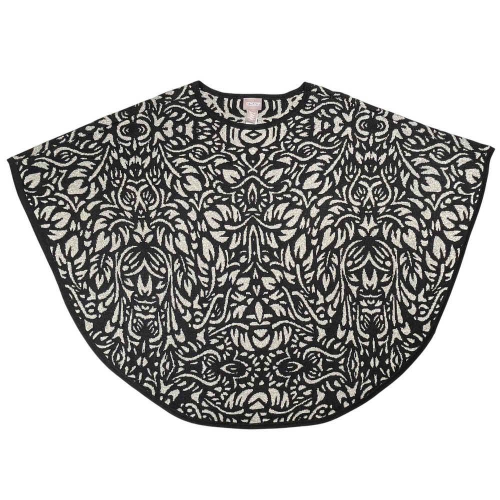 New Chicos Baroque Floral Poncho Women S/M Black Gold Metallic Chianti Knit Wrap
